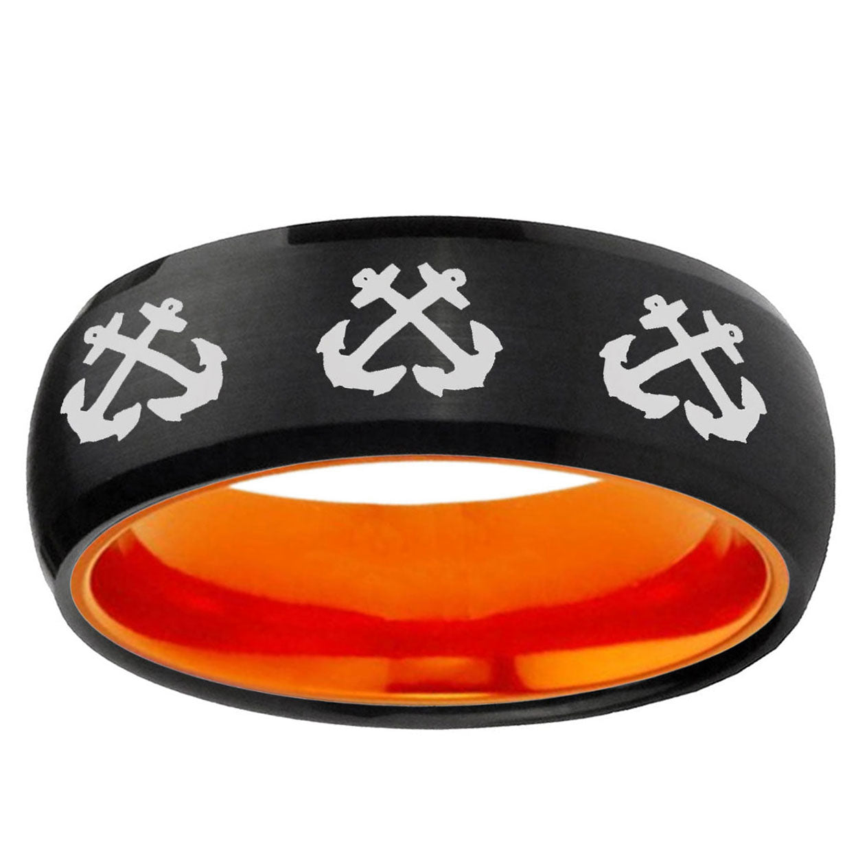 Multiple Anchor Dome Black And Orange Tungsten Wedding Band