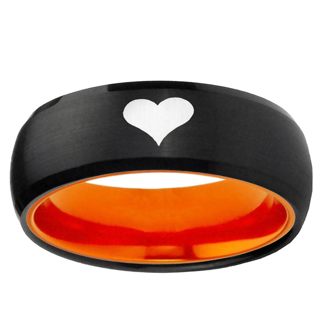Heart Dome Black And Orange Tungsten Carbide Engraved Ring