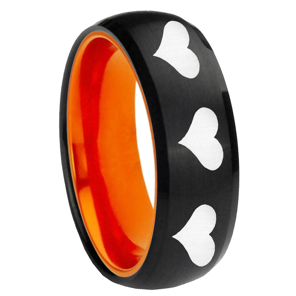8mm Multiple Heart Dome Black Orange Tungsten Anniversary Ring