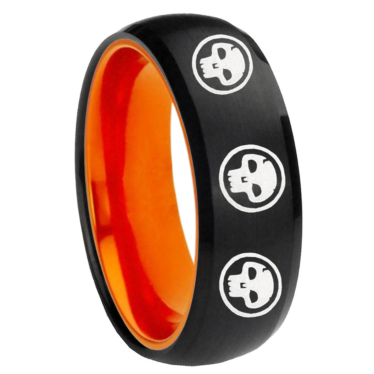 8mm Multiple Skull Dome Black Orange Tungsten Anniversary Ring