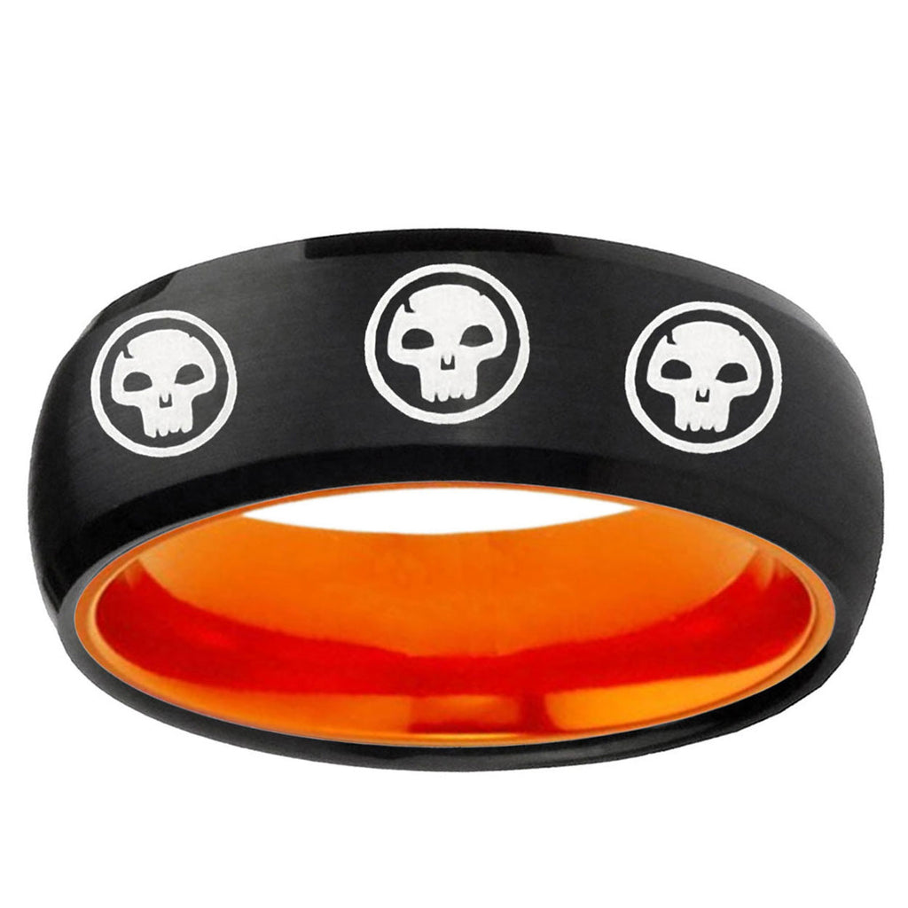 Multiple Skull Dome Black Orange Tungsten Anniversary Ring