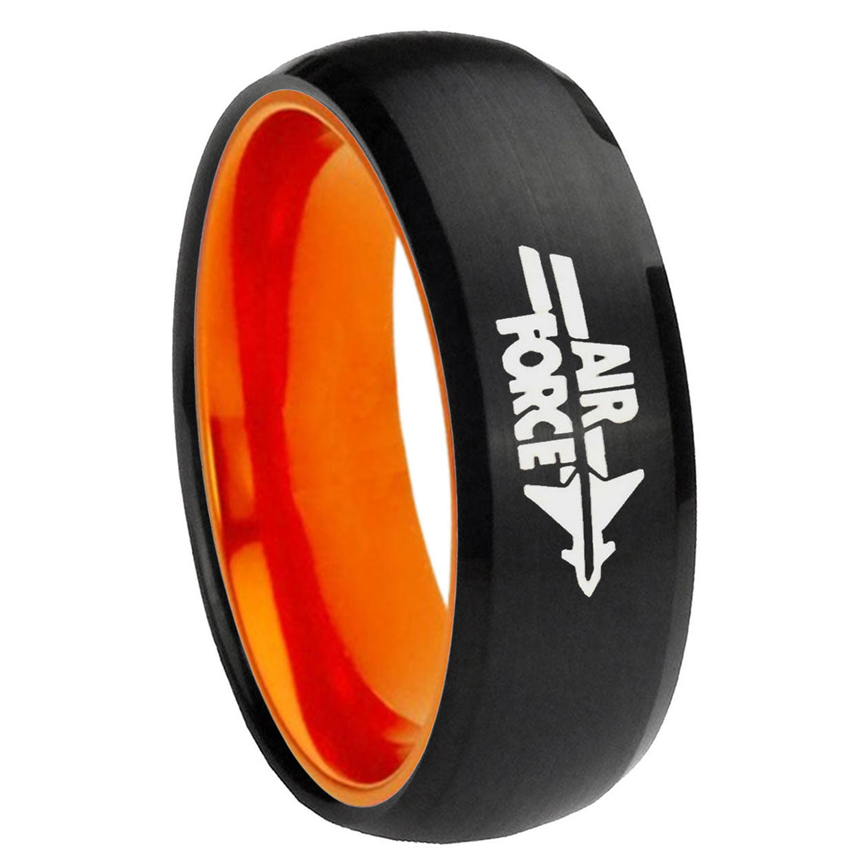 8mm Dome Black And Orange Air Force Tungsten Engraved Ring