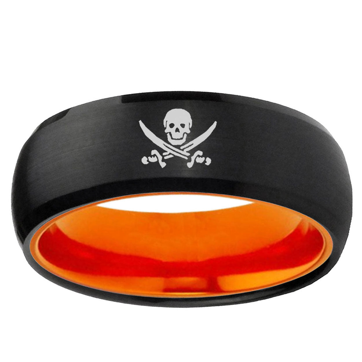 Skull Pirate Dome Black And Orange Tungsten Mens Ring
