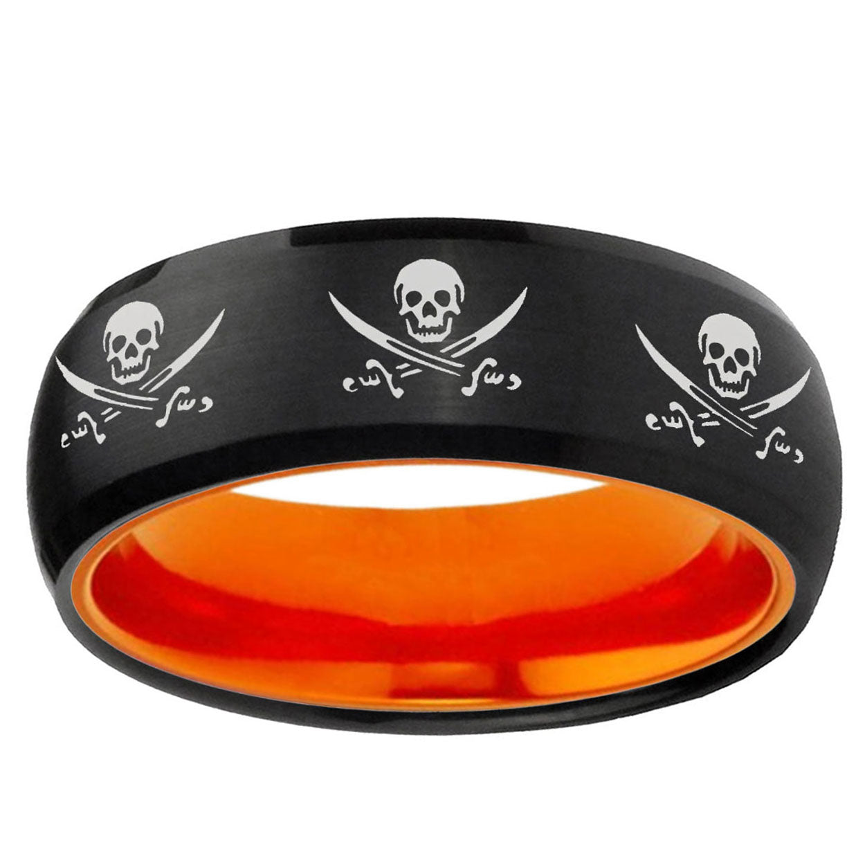 Multiple Skull Pirate Dome Black Orange Tungsten Ring