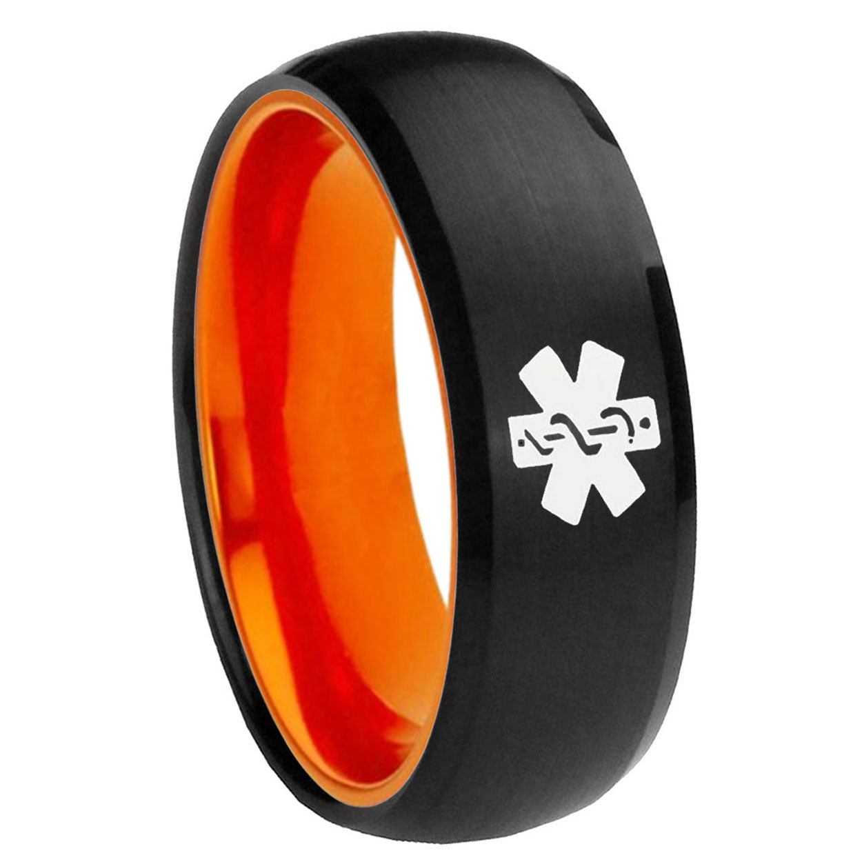 8mm Medical Alert Dome Black Orange Personalized Tungsten Ring