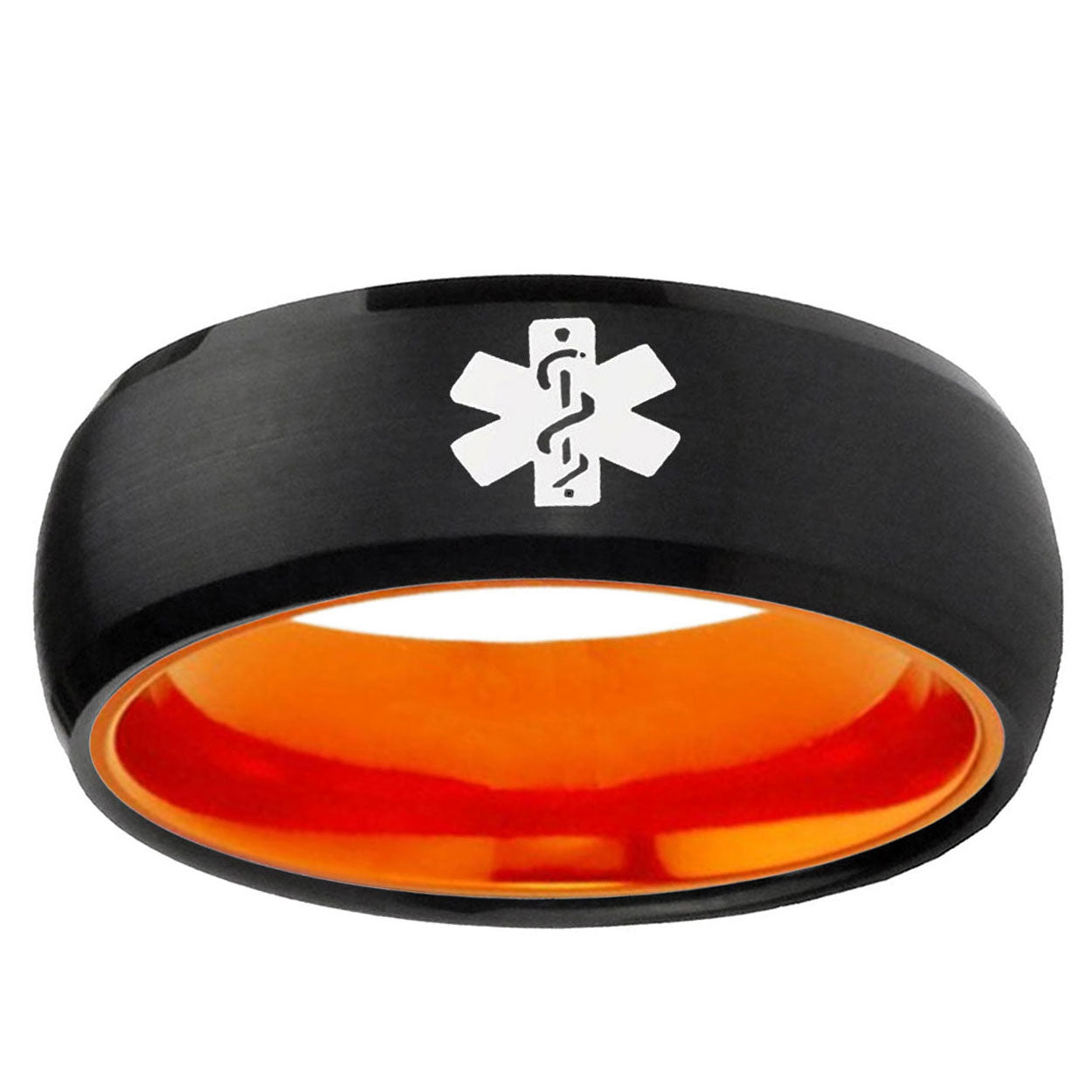 Medical Alert Dome Black Orange Personalized Tungsten Ring