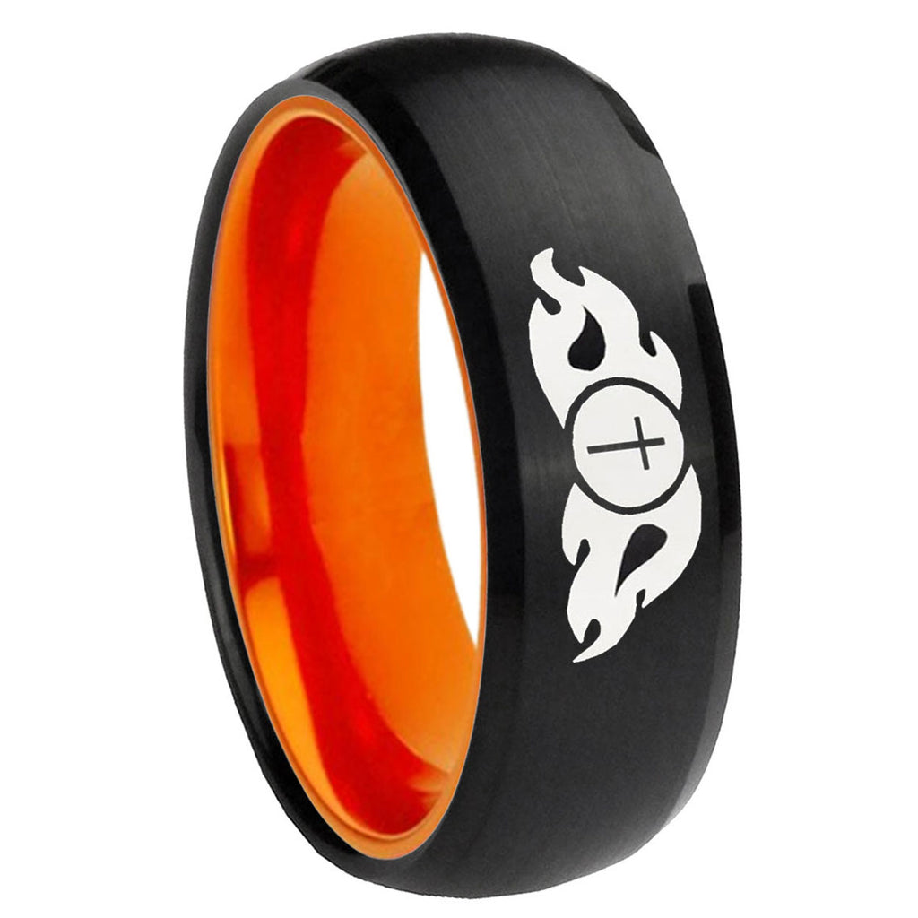 8mm Flamed Cross Dome Black And Orange Tungsten Promise Ring