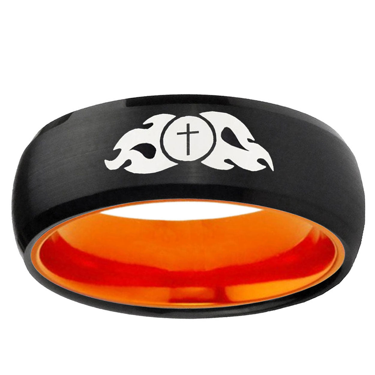Flamed Cross Dome Black And Orange Tungsten Promise Ring