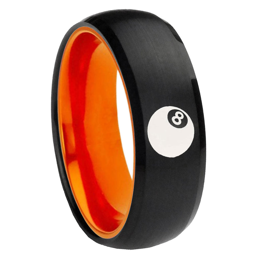 8mm 8 Ball Dome Black And Orange Tungsten Engraved Ring