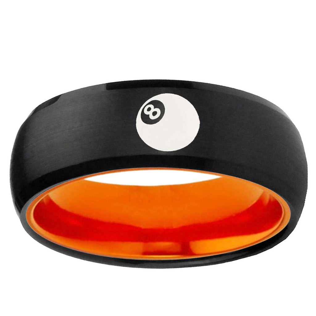 8 Ball Dome Black And Orange Tungsten Engraved Ring