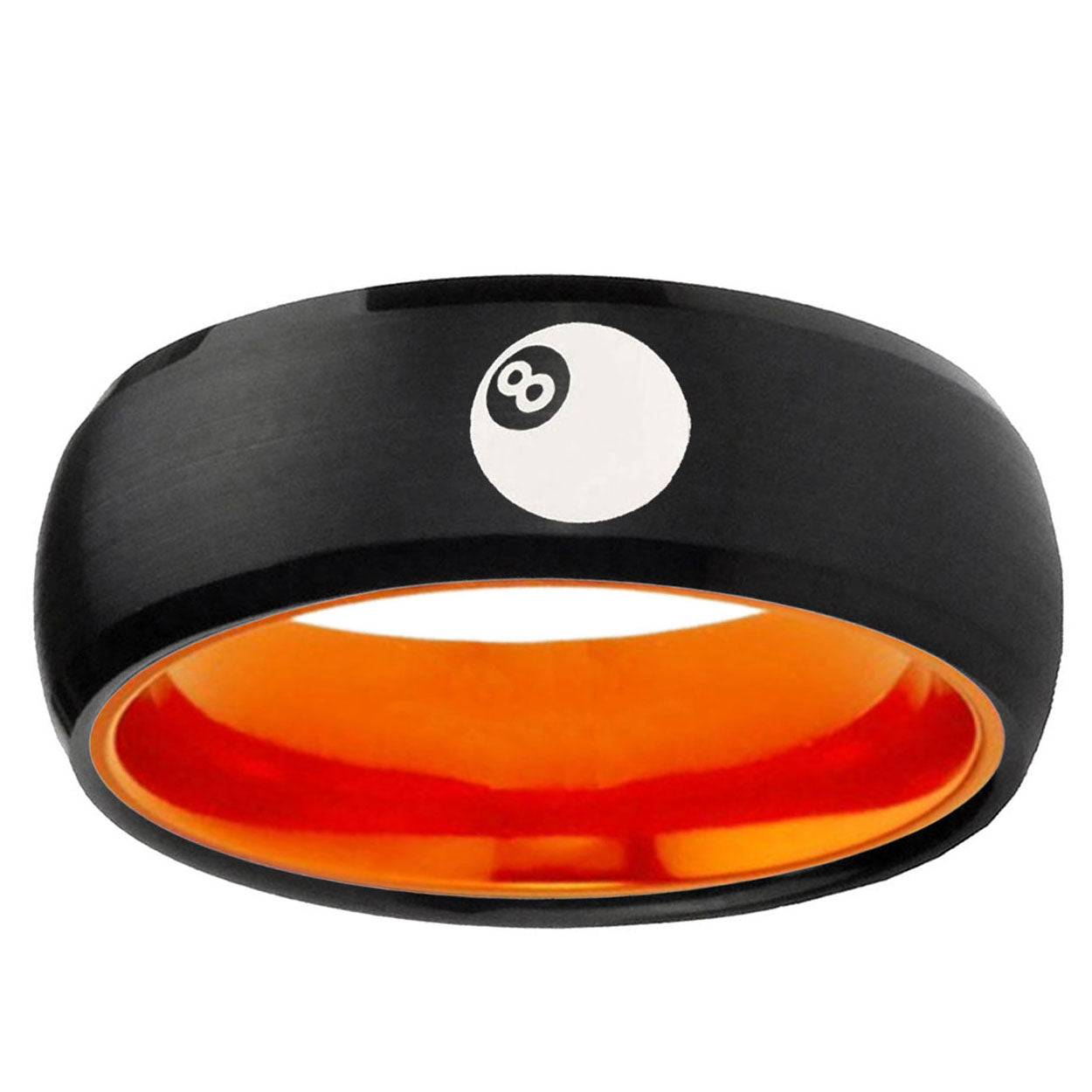 8 Ball Dome Black And Orange Tungsten Engraved Ring