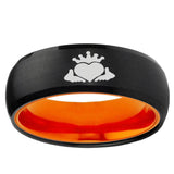 Claddagh Design Dome Black And Orange Tungsten Carbide Anniversary Ring