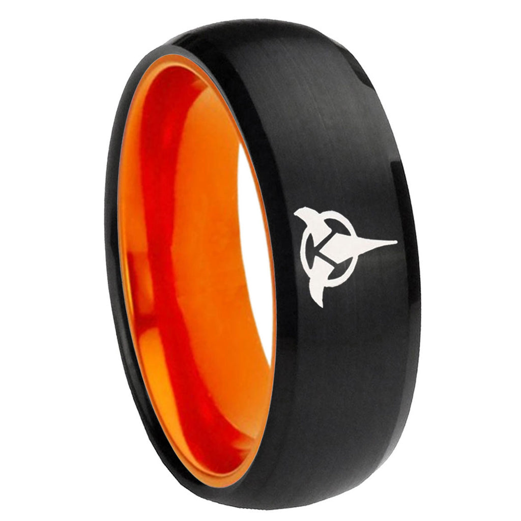 8mm Klingon Dome Black And Orange Tungsten Engraved Ring