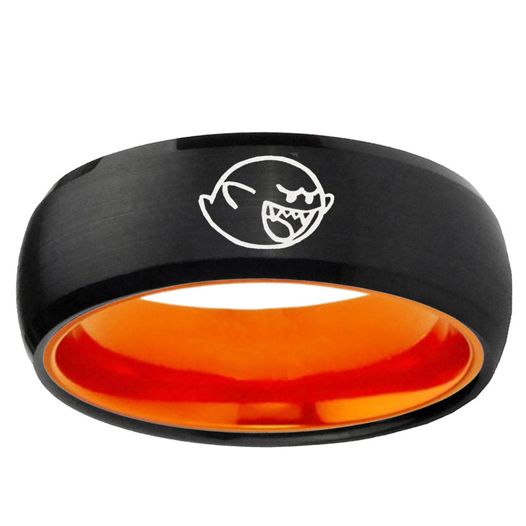 Mario Boo Ghost Dome Black Orange Tungsten Ring For Men