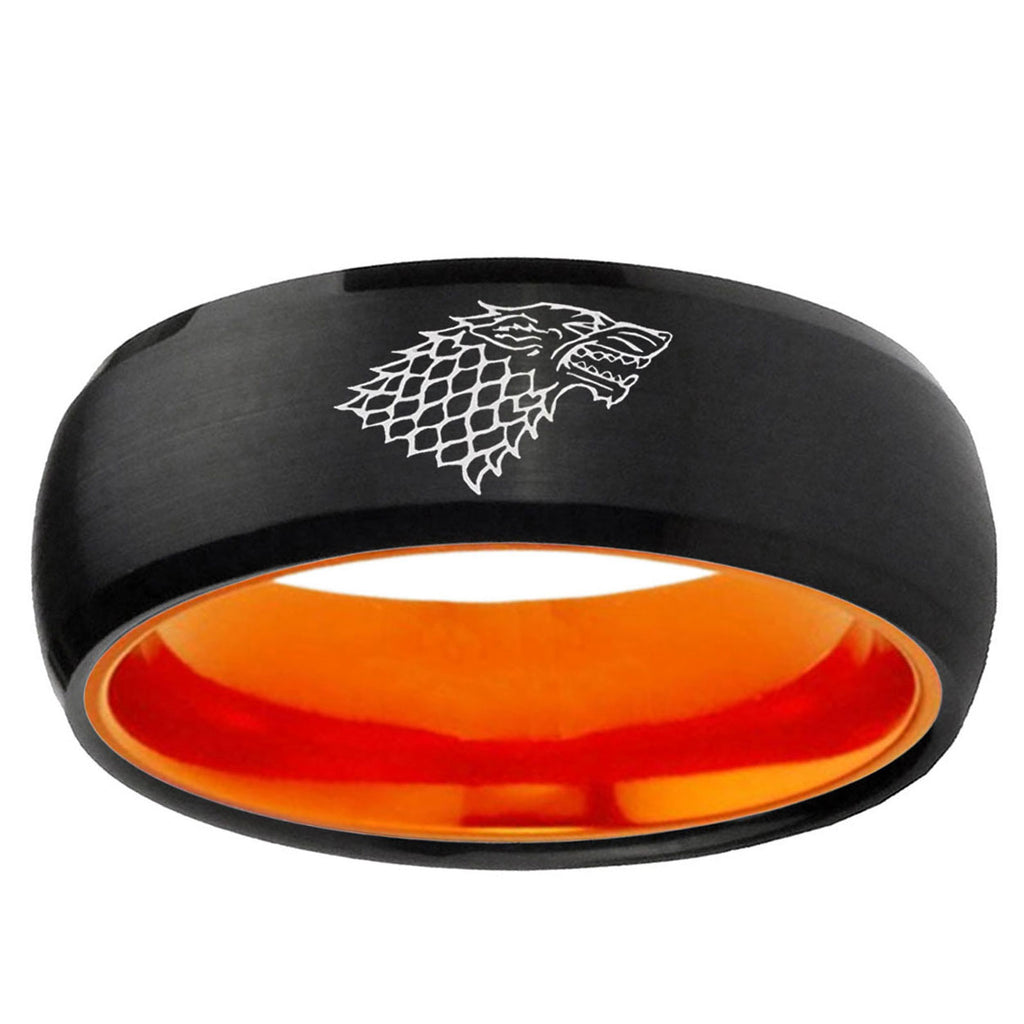 Game Of Thrones House Stark Direwolf Dome Black Orange Tungsten Ring