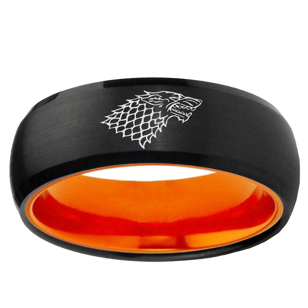 Game Of Thrones House Stark Direwolf Dome Black Orange Tungsten Ring