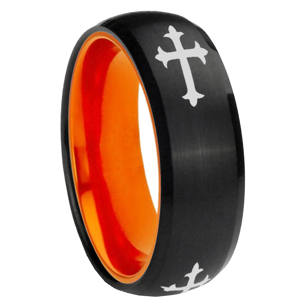 8mm Christian Cross Religious Dome Black Orange Tungsten Ring