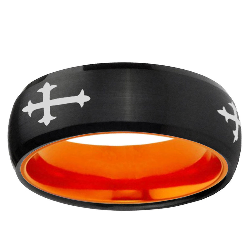 Christian Cross Religious Dome Black Orange Tungsten Ring