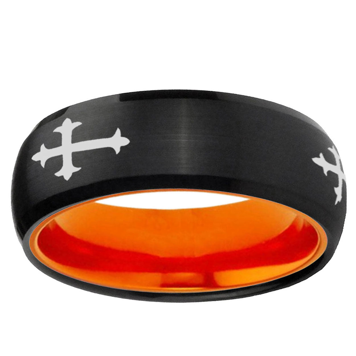 Christian Cross Religious Dome Black Orange Tungsten Ring