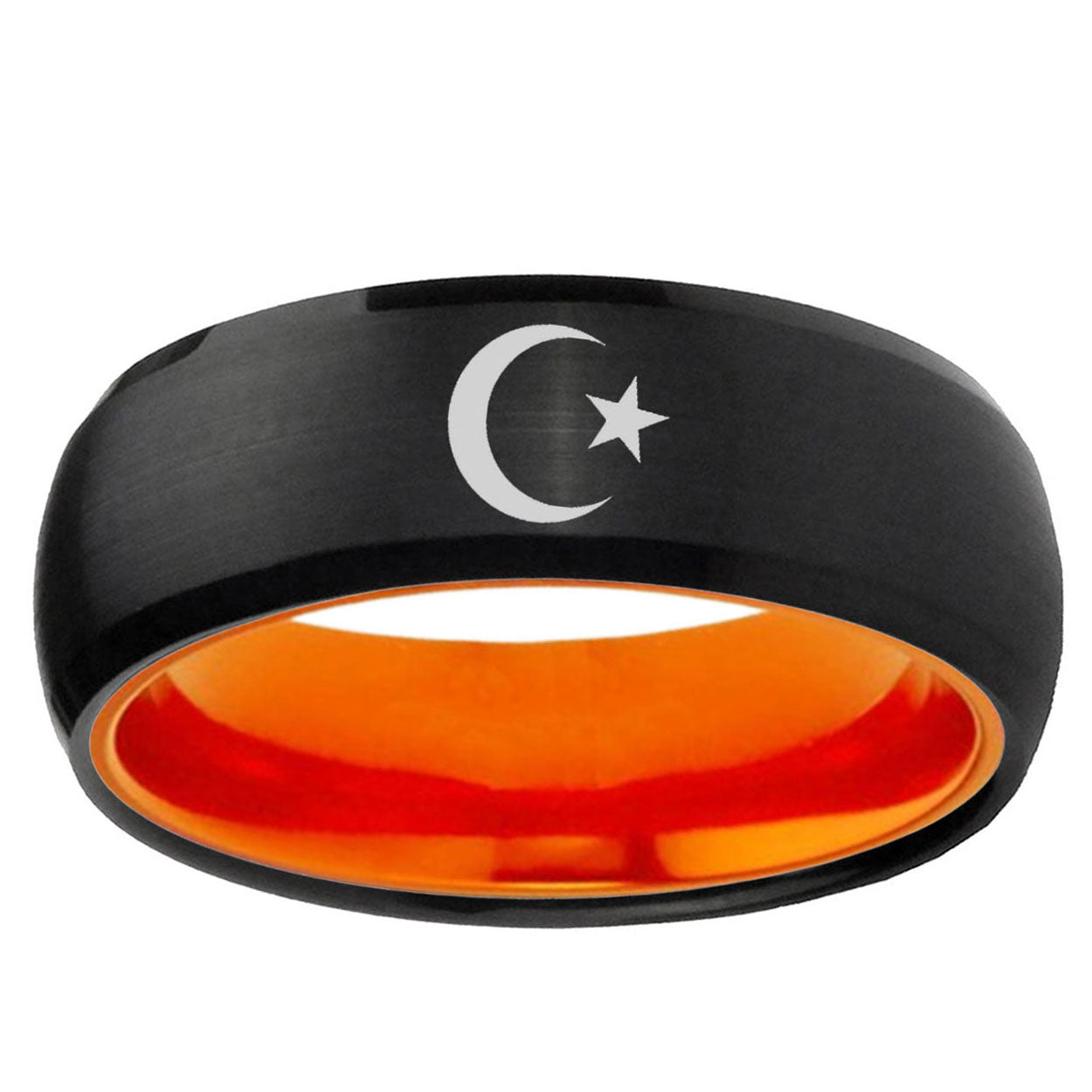 Crescent Moon Stars Dome Black Orange Tungsten Ring