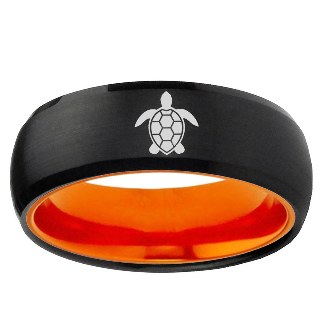 Sea Turtle Design Dome Black And Orange Tungsten Ring