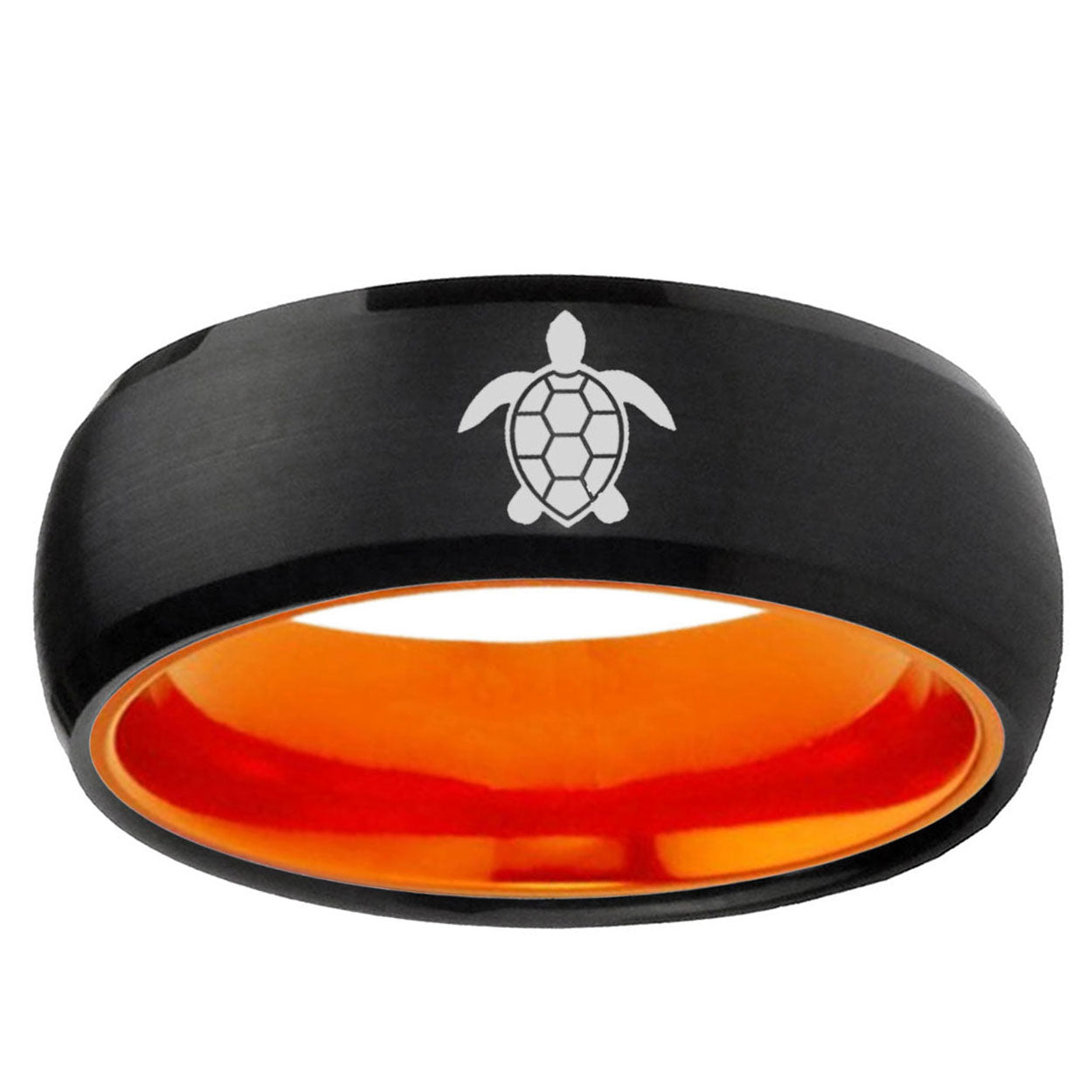 Sea Turtle Design Dome Black And Orange Tungsten Ring