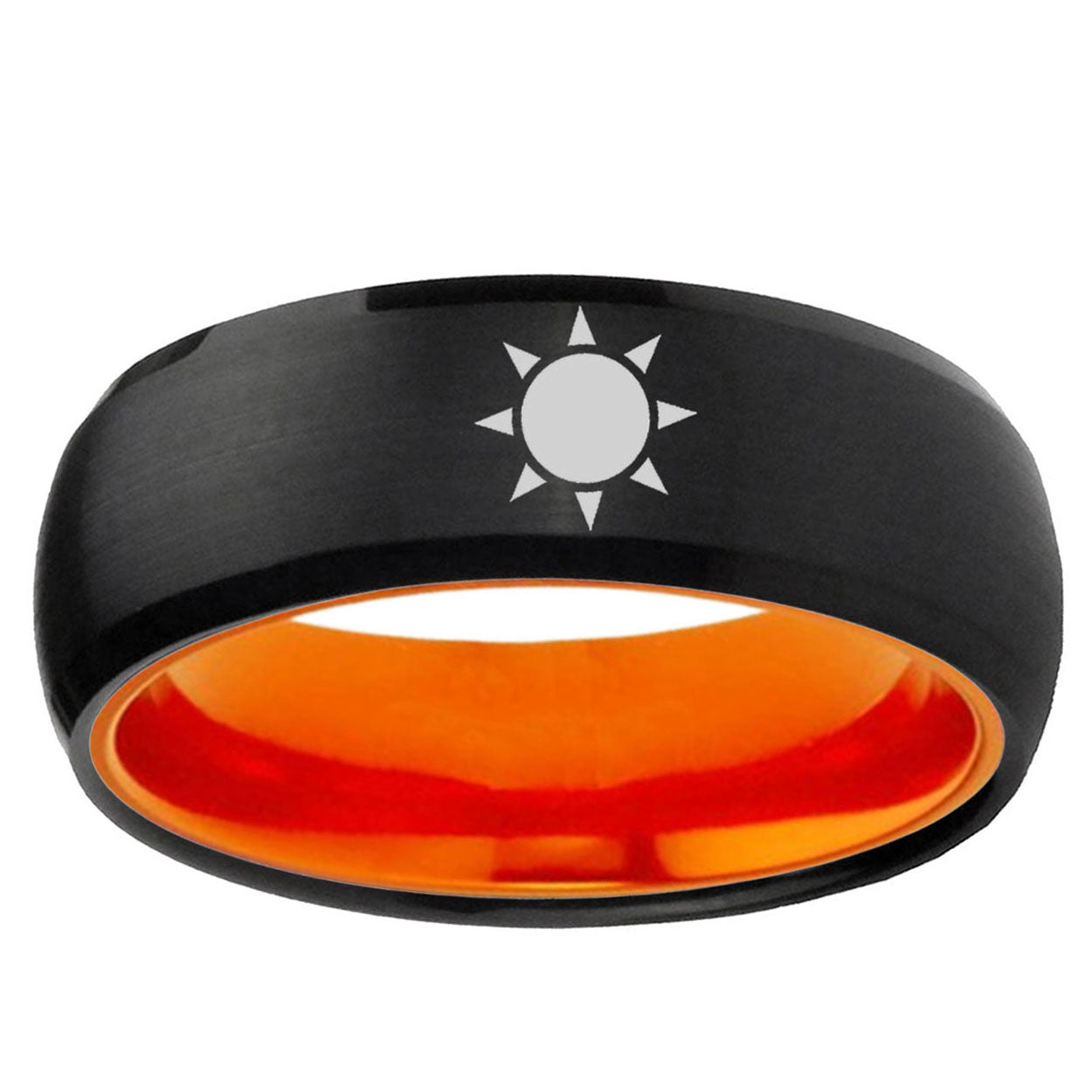 Sun Design Dome Black And Orange Tungsten Wedding Bands