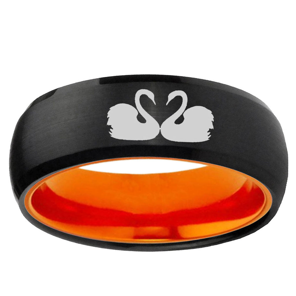 Swans Design Dome Black And Orange Tungsten Wedding Ring