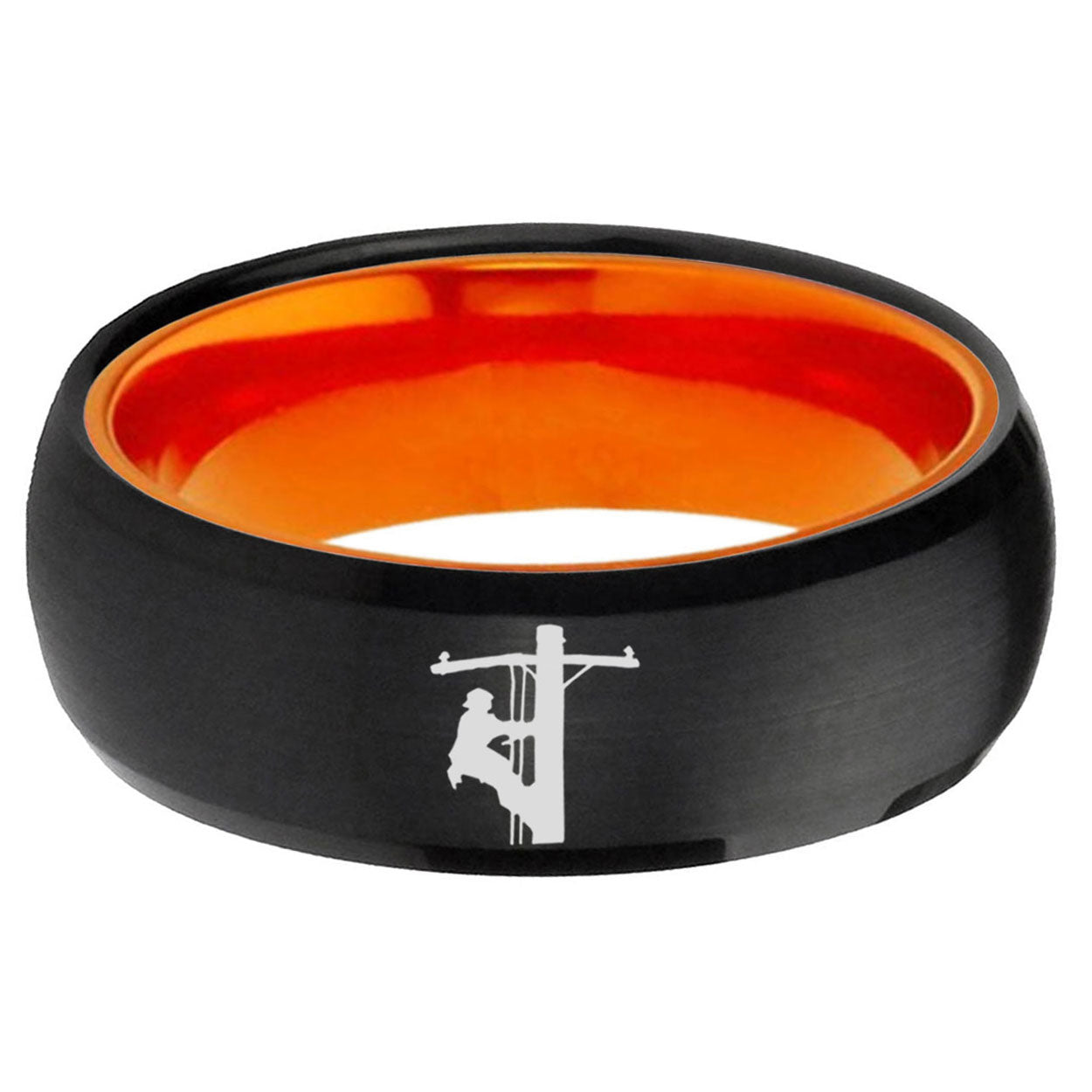 Lineman Symbol Dome Black Orange Mens Tungsten Ring