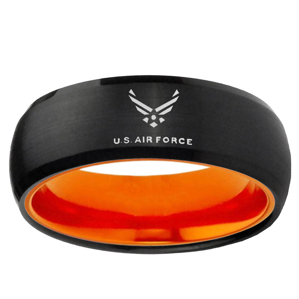 Dome Black And Orange US Air Force Tungsten Engraved Ring