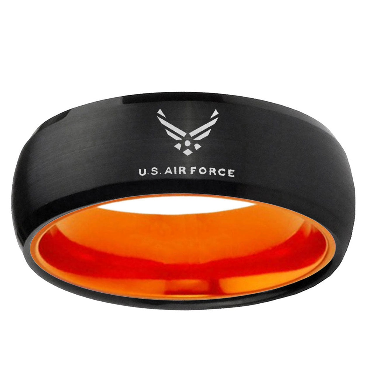 Dome Black And Orange US Air Force Tungsten Engraved Ring