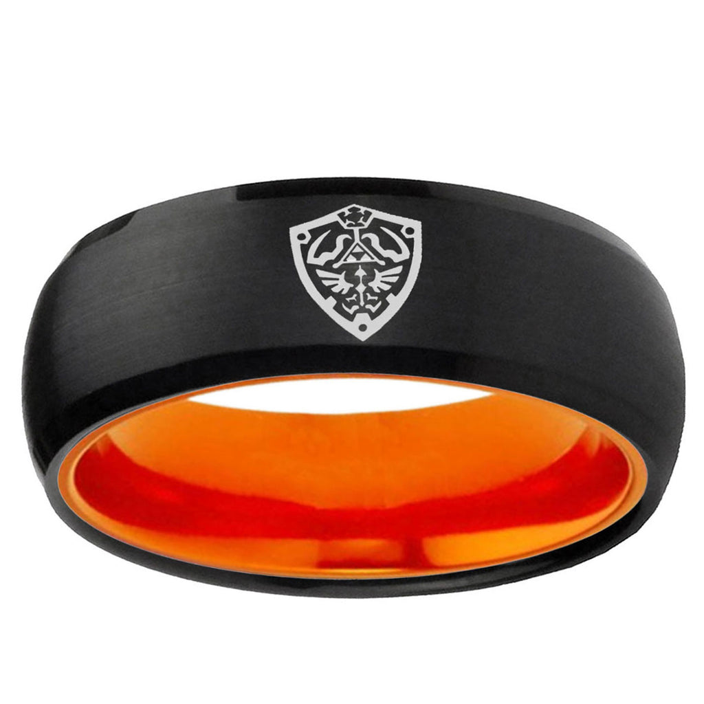 Zelda Hylian Shield Dome Black And Orange Tungsten Bands