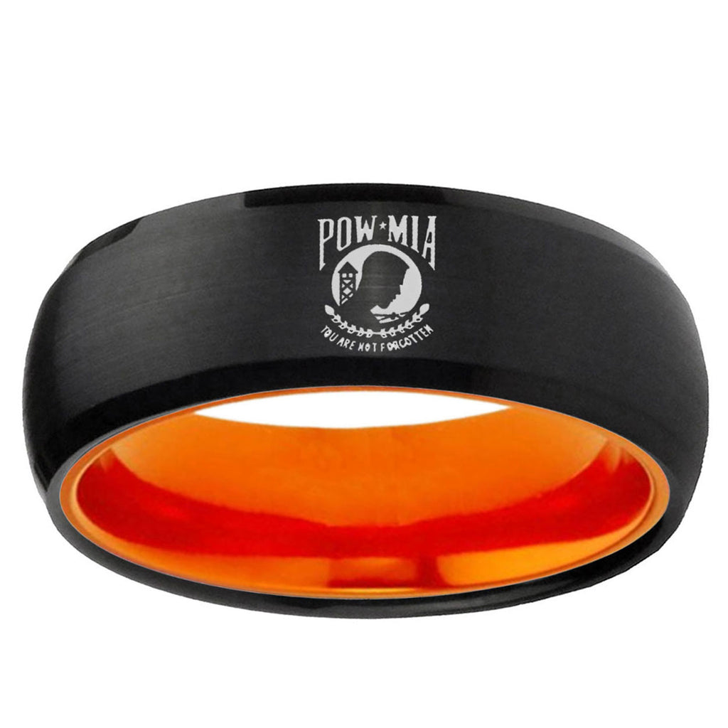 Military Pow Dome Black And Orange Tungsten Mens Ring