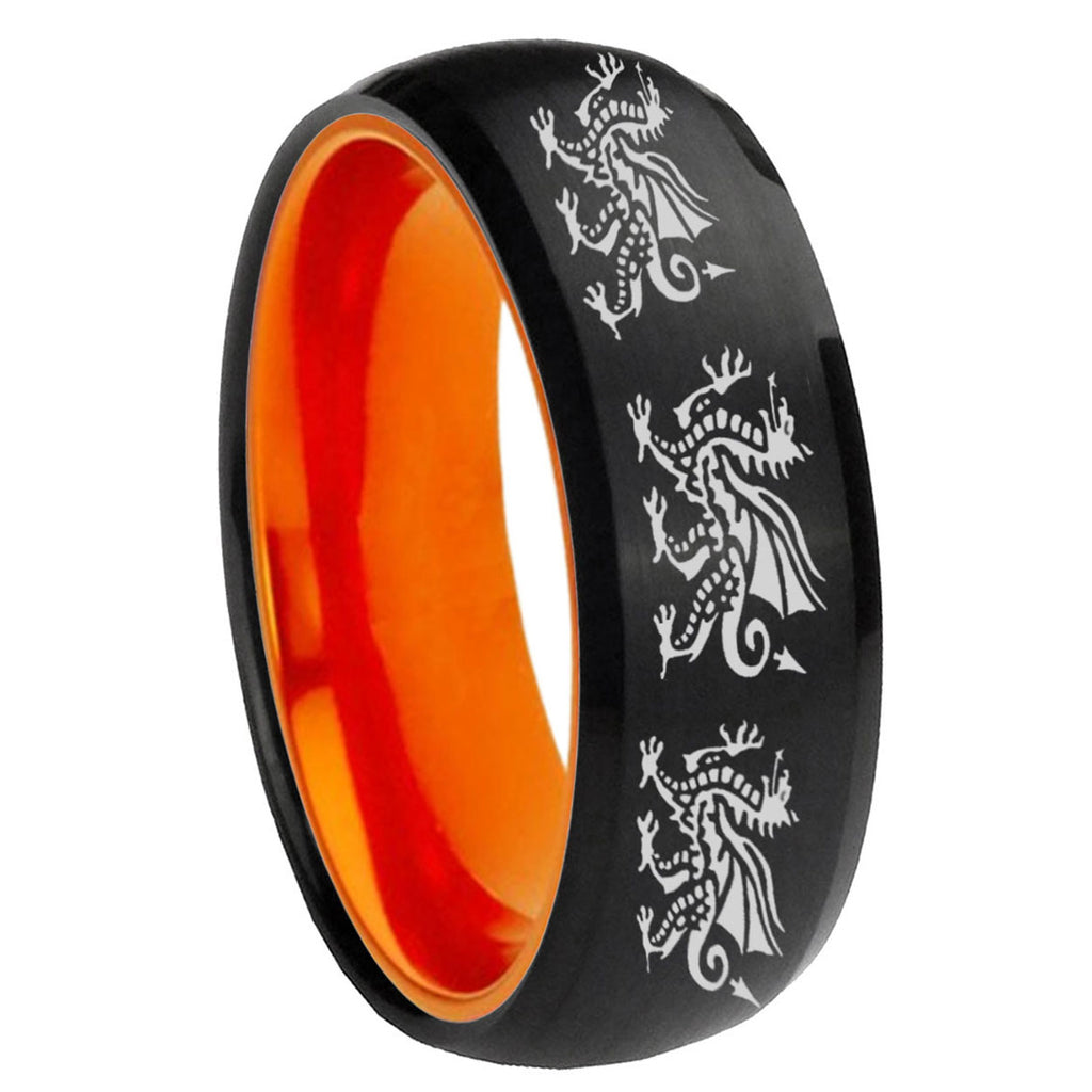 8mm Multiple Dragon Dome Black And Orange Tungsten Mens Ring