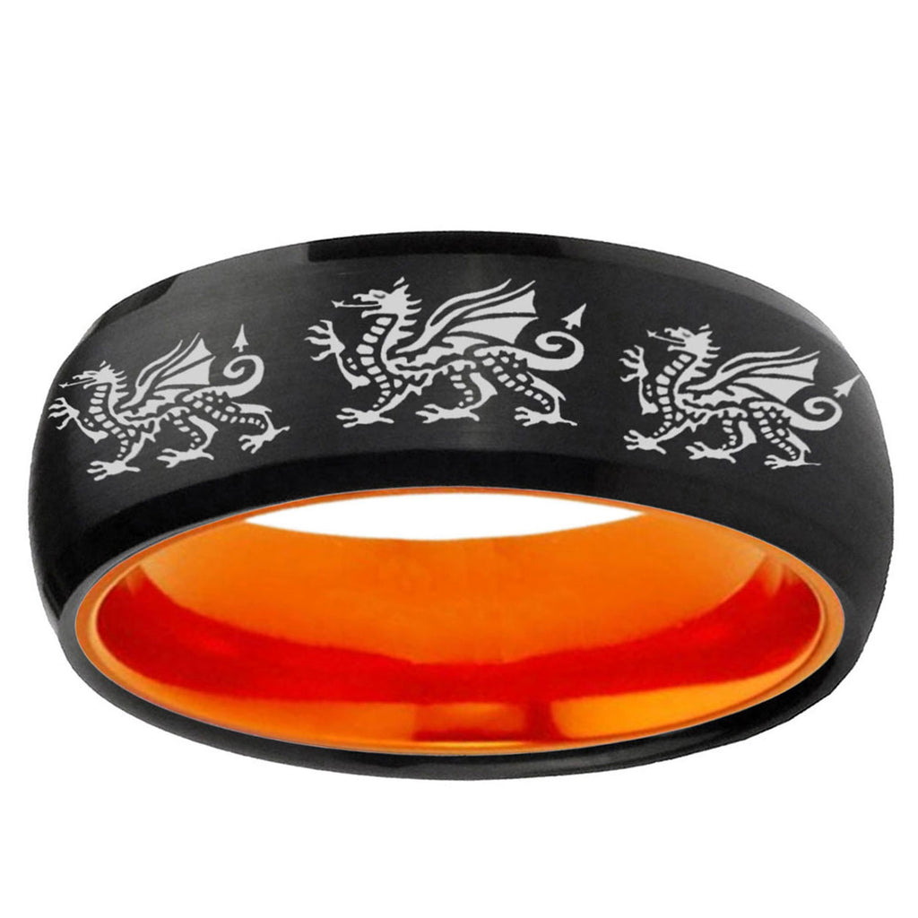 Multiple Dragon Dome Black And Orange Tungsten Mens Ring