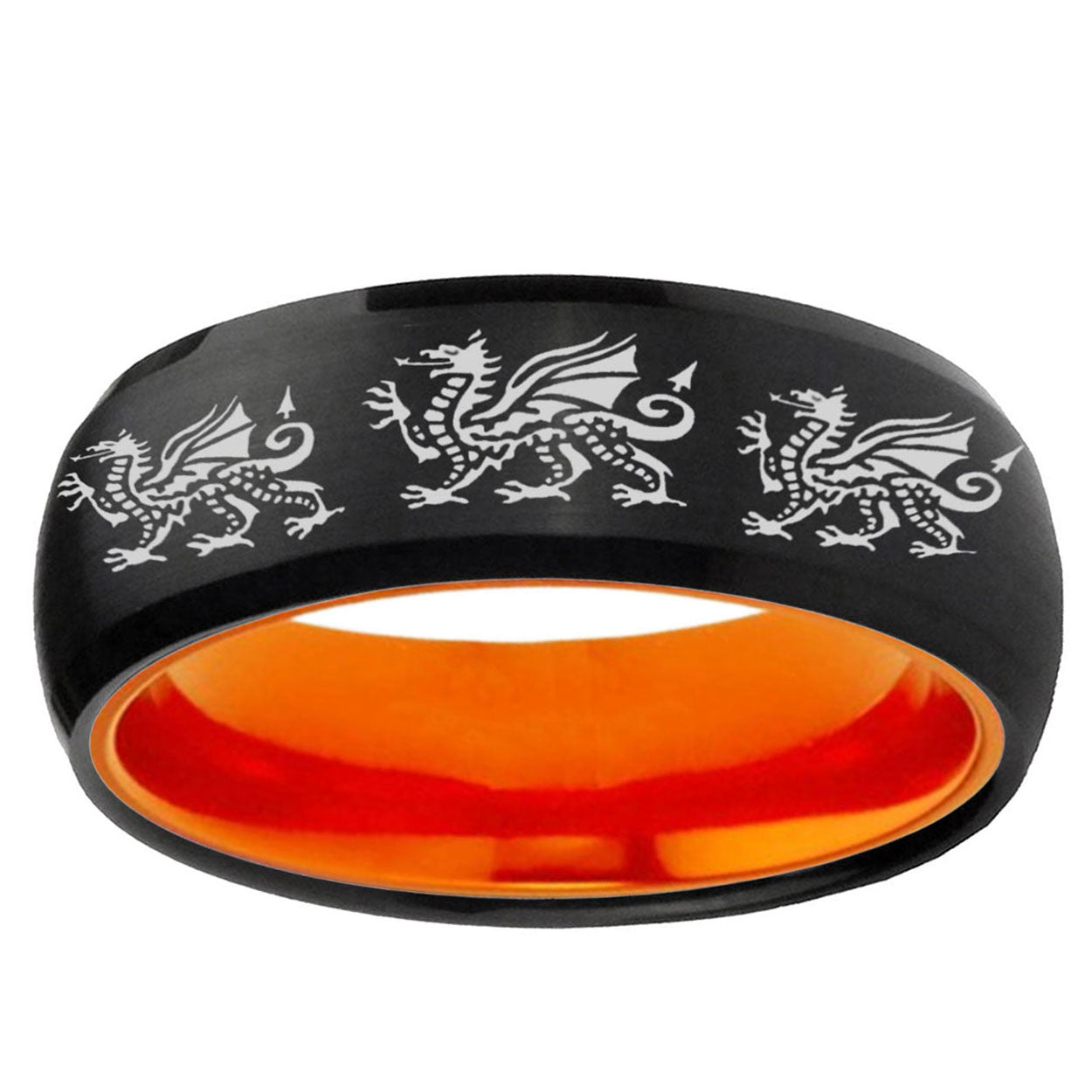Multiple Dragon Dome Black And Orange Tungsten Mens Ring