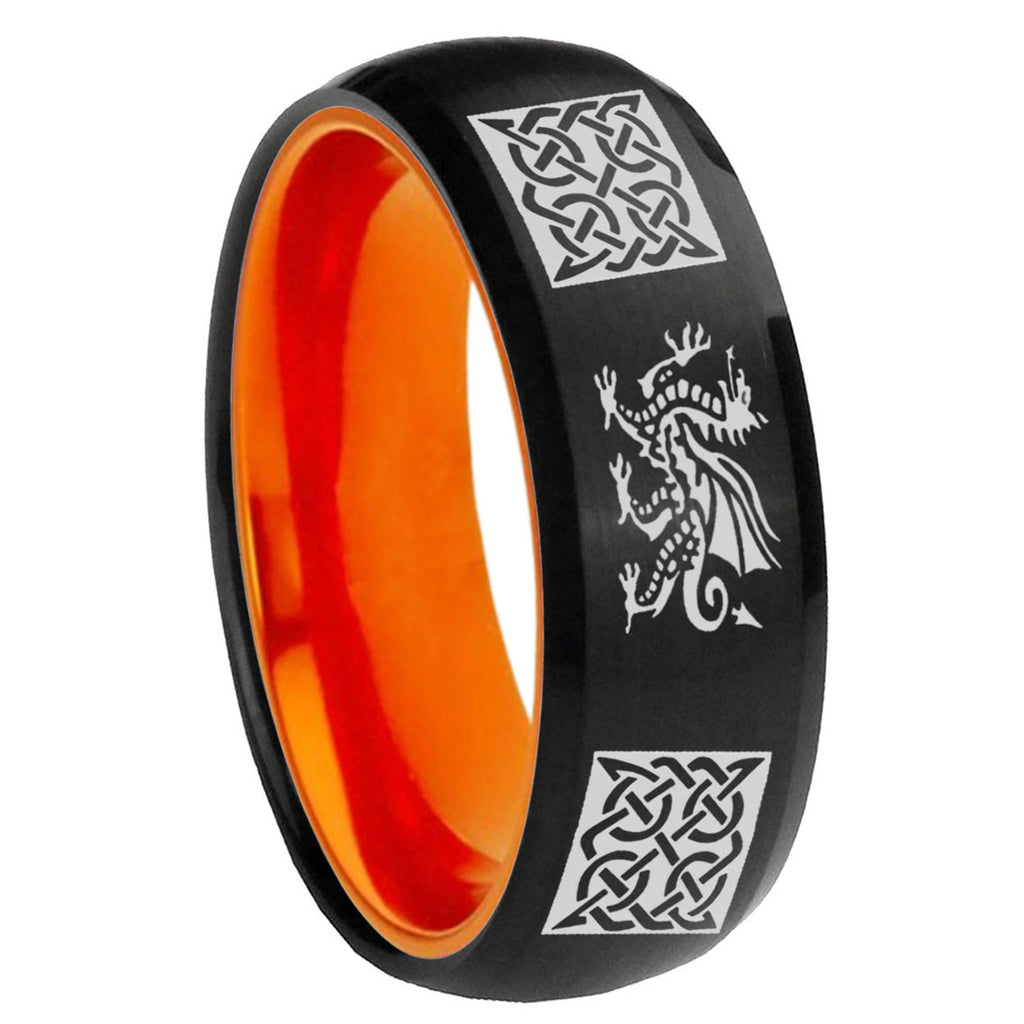 8mm Multiple Dragon Celtic Dome Black Orange Tungsten Ring