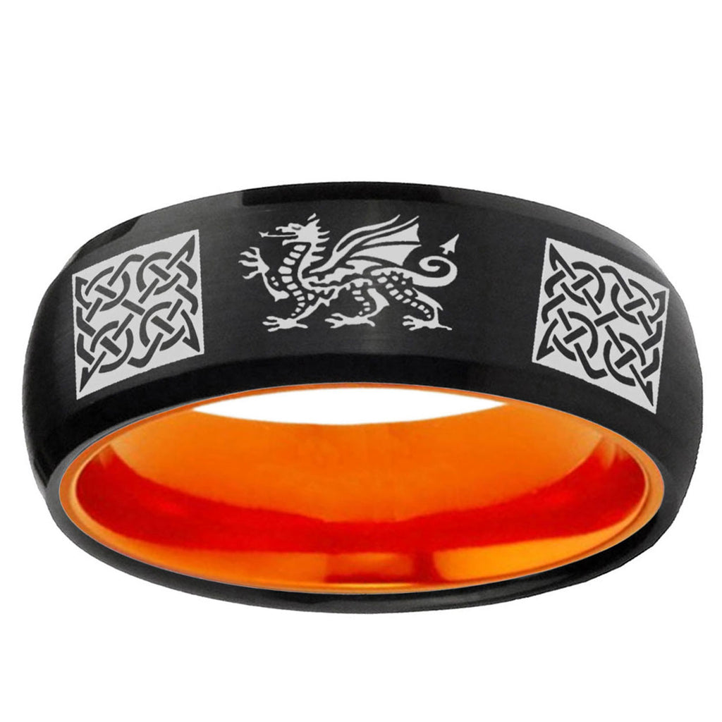 Multiple Dragon Celtic Dome Black Orange Tungsten Ring