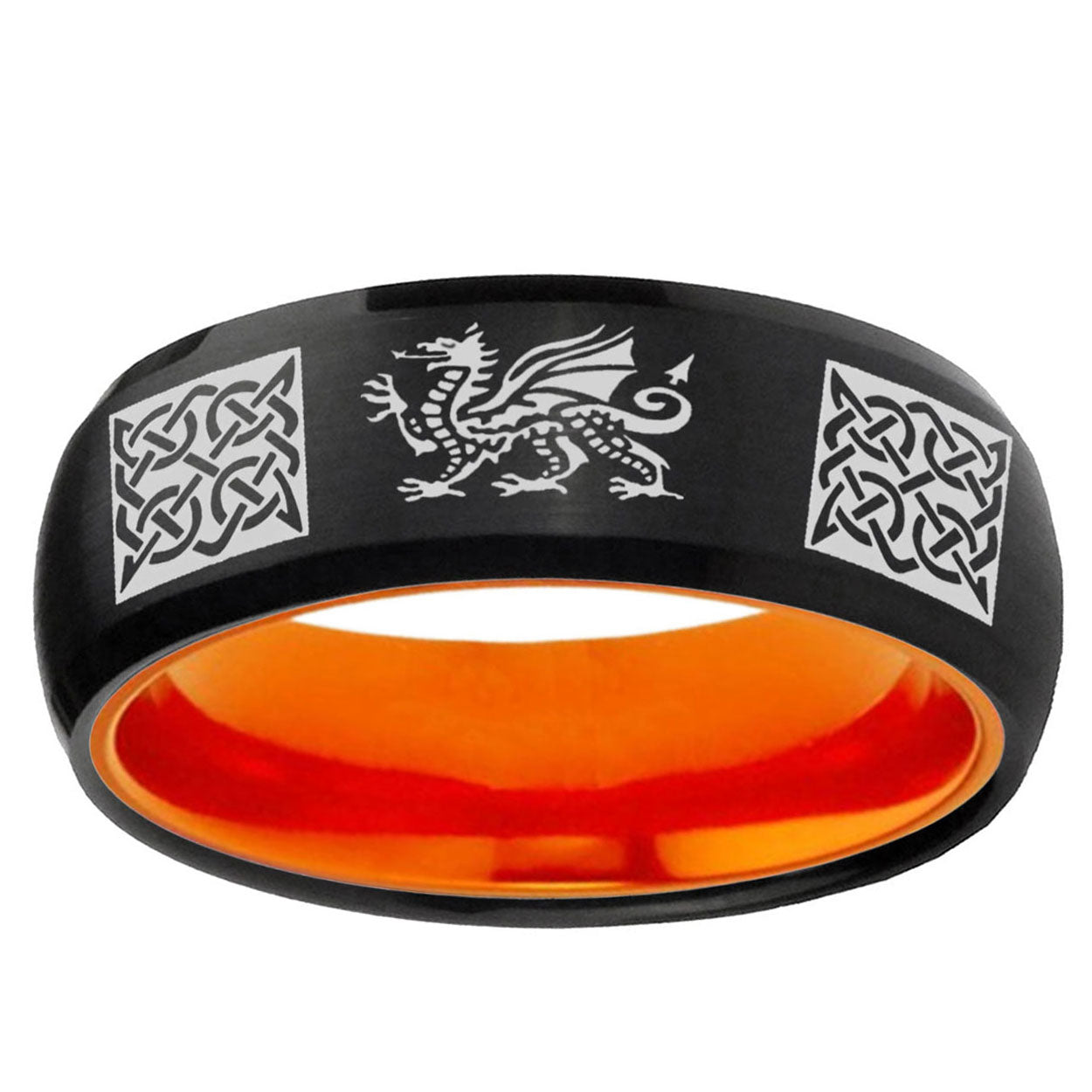 Multiple Dragon Celtic Dome Black Orange Tungsten Ring
