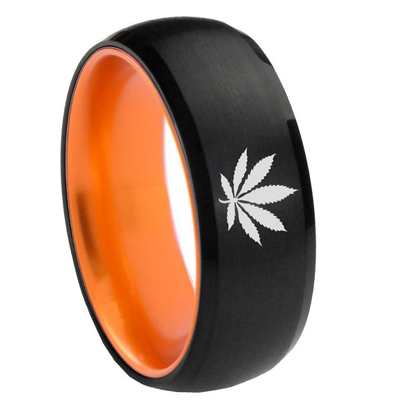 8mm Marijuana Leaf Dome Black Orange Polished Tungsten Ring