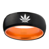8mm Marijuana Leaf Dome Black Orange Polished Tungsten Ring