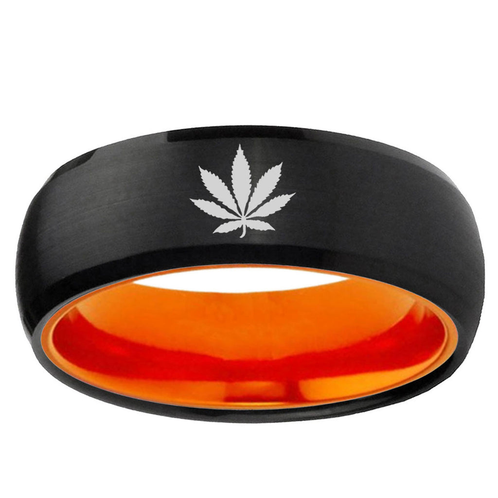 Marijuana Leaf Dome Black Orange Polished Tungsten Ring