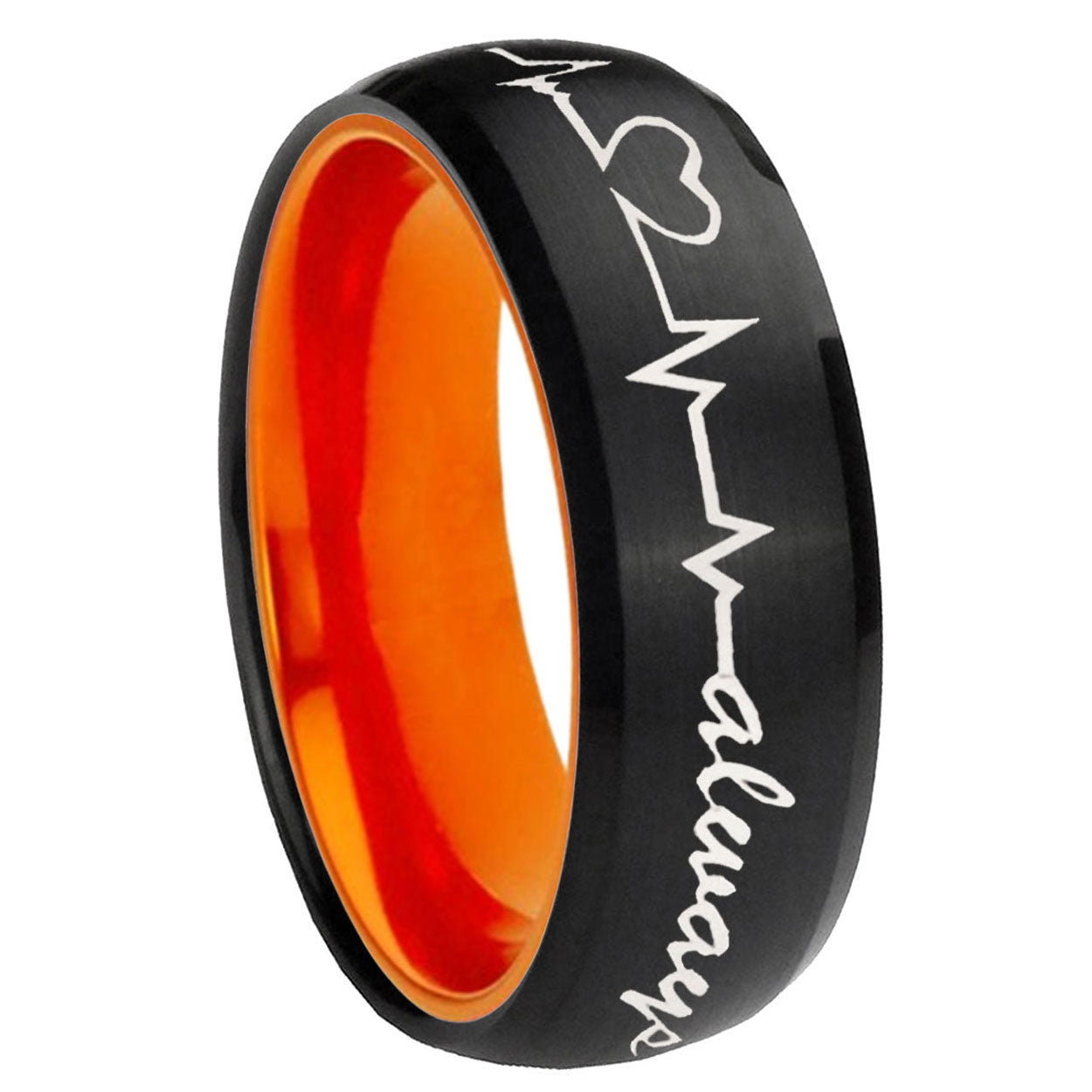 8mm Heart Beat forever Heart always Dome Black Orange Tungsten Band