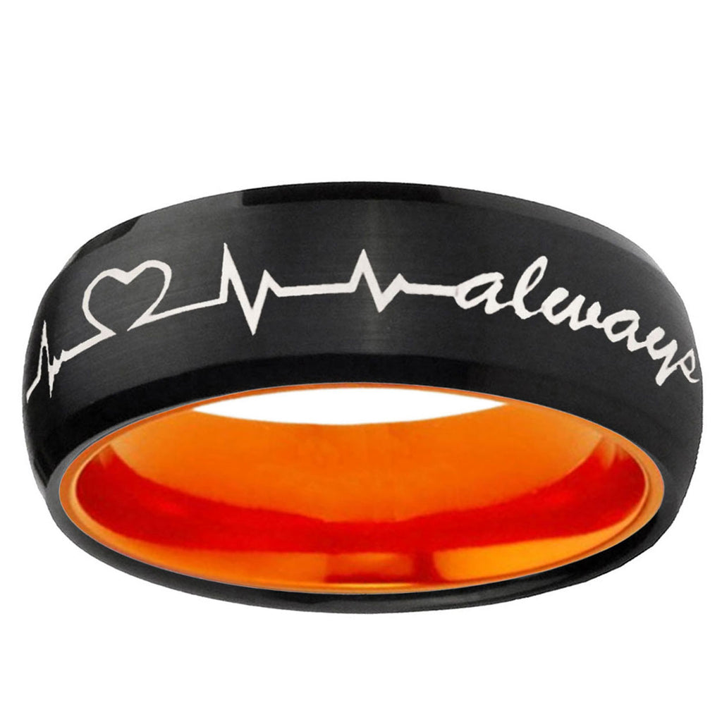 Heart Beat forever Heart always Dome Black Orange Tungsten Band