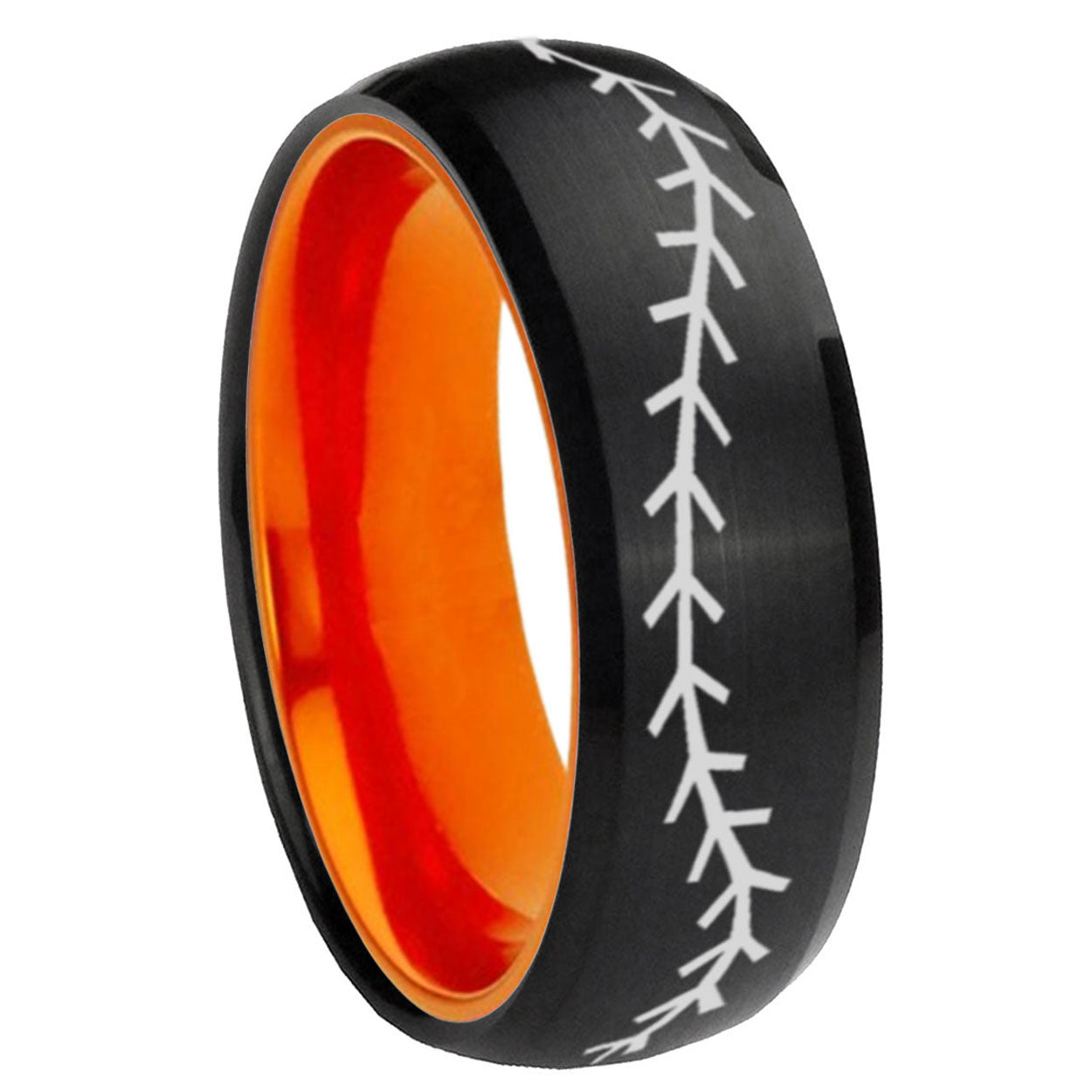 8mm Baseball Stitch Dome Black Orange Tungsten Promised Ring