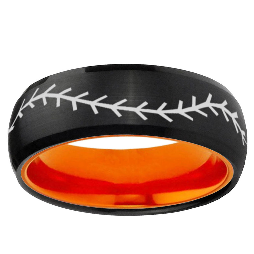 Baseball Stitch Dome Black Orange Tungsten Promised Ring