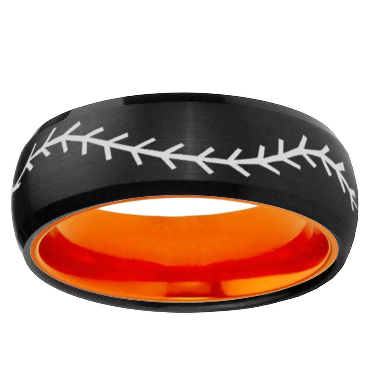 Baseball Stitch Dome Black Orange Tungsten Promised Ring