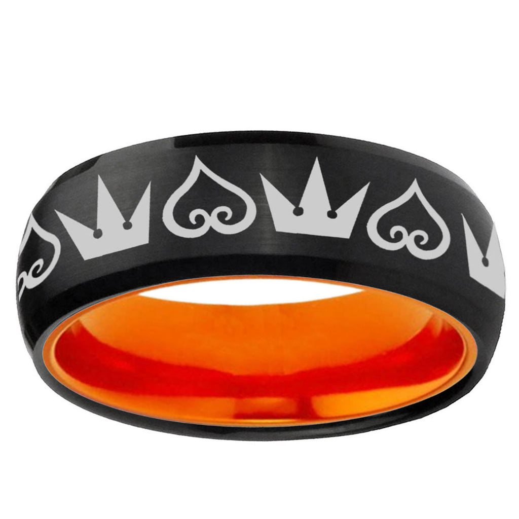 Hearts Crowns Dome Black Orange Tungsten Mens Promise Ring