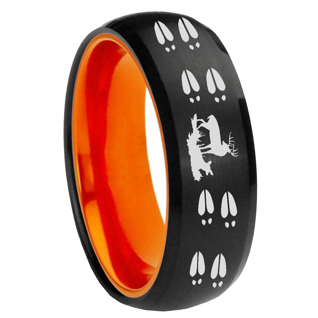 8mm Deer Hunting Tracks Dome Black And Orange Tungsten Ring