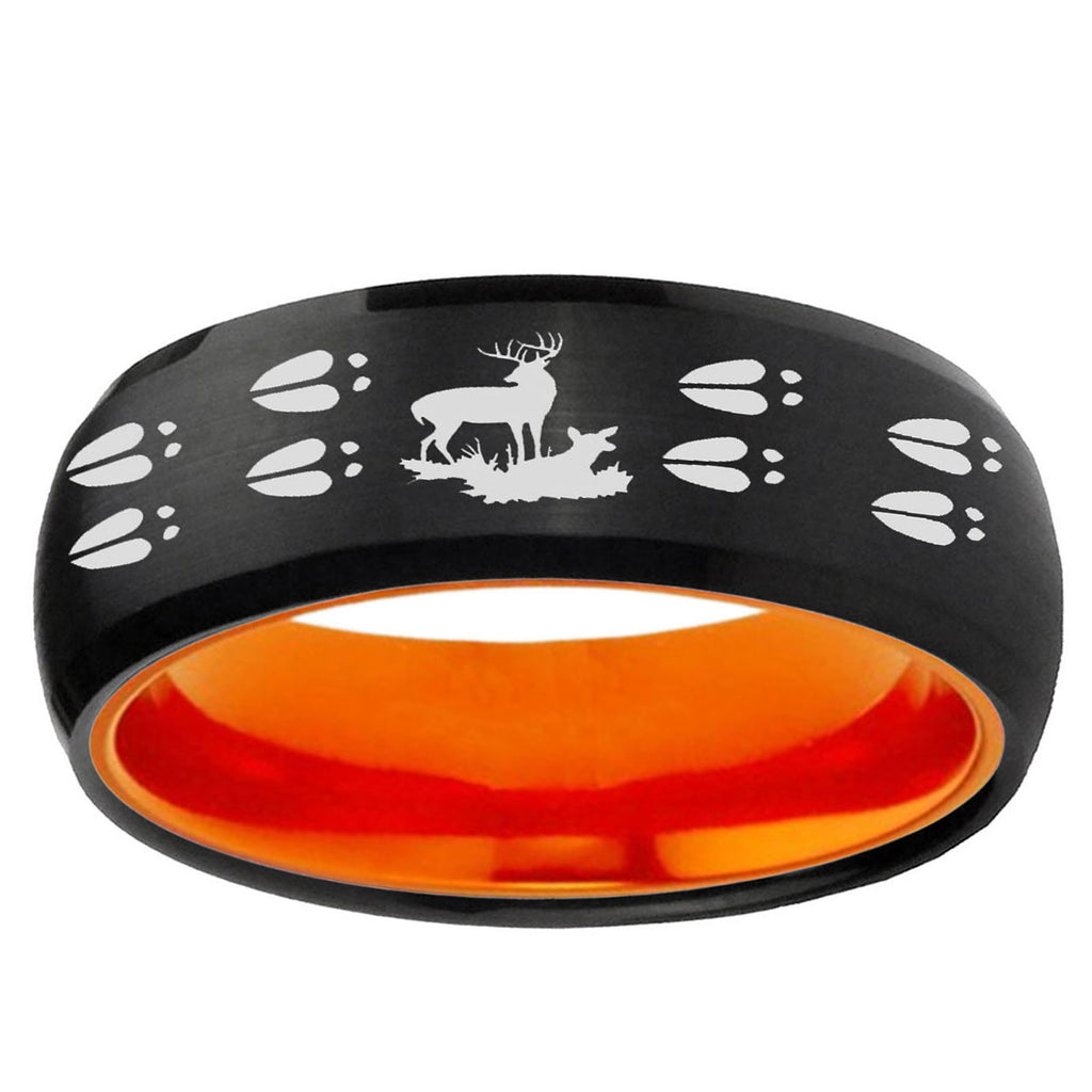 Deer Hunting Tracks Dome Black And Orange Tungsten Ring